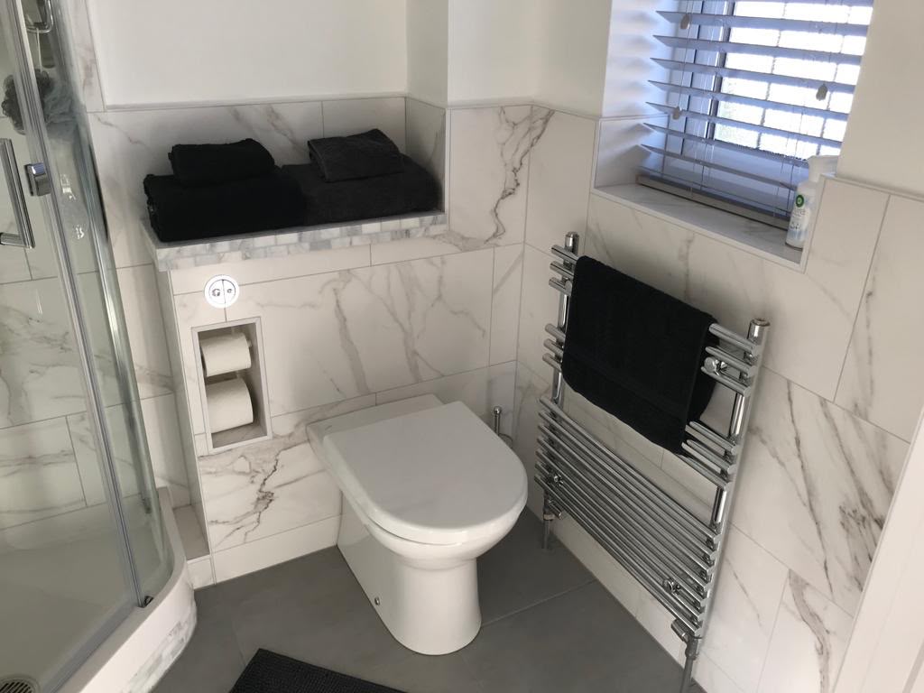 Modern ensuite toilet with recessed toilet roll holder